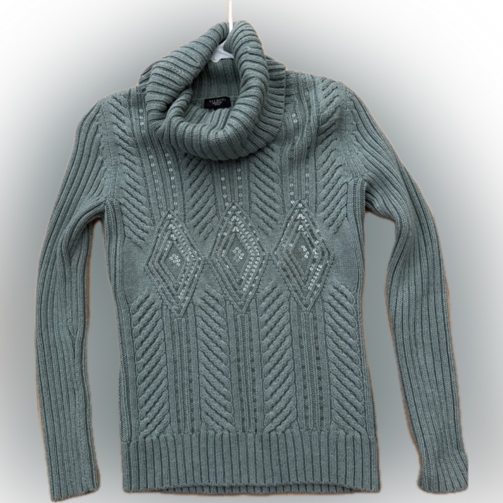 Talbots Chunky Cable Knit Sage Green embellished Sweater in EUC size PETITE P